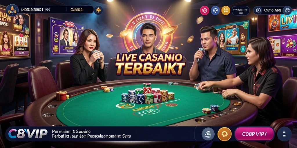 Screenshot utama C8VIP menampilkan dealer cantik dalam permainan Live Casino.