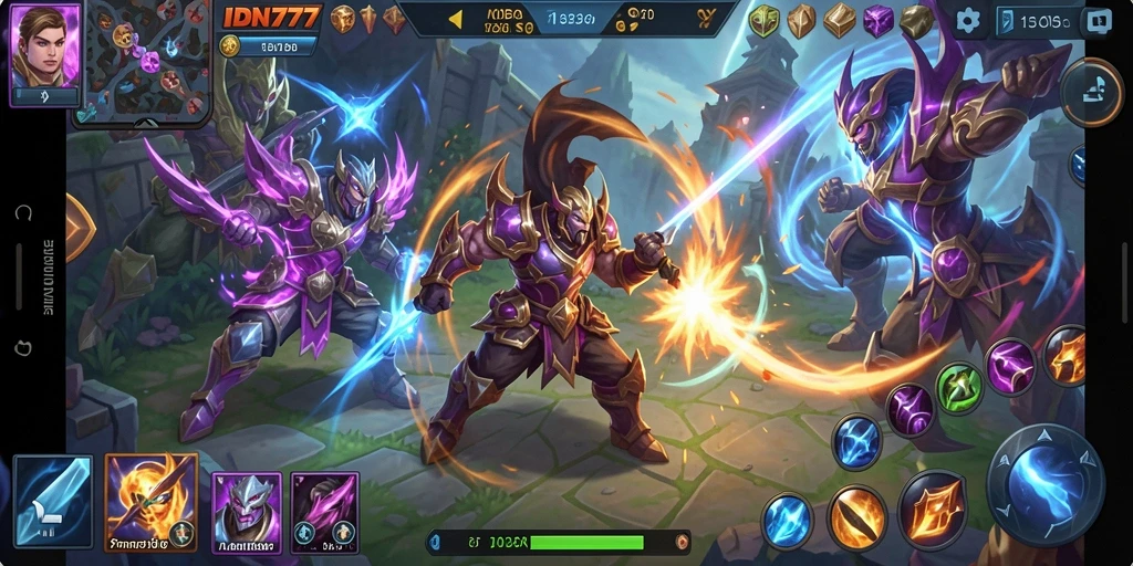 Screenshot gameplay IDN777 menampilkan tim bertarung di arena MOBA.