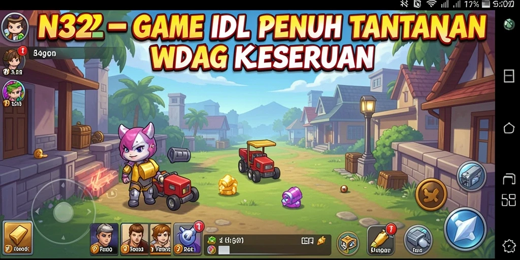 Tampilan gameplay N32 dengan karakter yang berkembang dan sumber daya yang dikumpulkan.