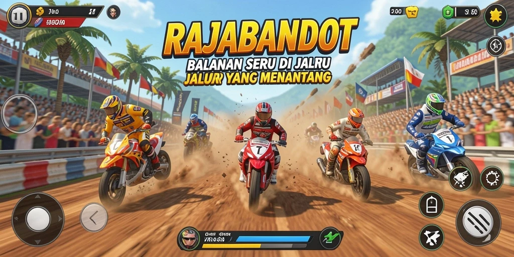 Tampilan seru gameplay RAJABANDOT dengan mobil balap di lintasan.