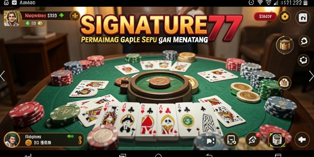 Tampilan screenshot utama SIGNATURE77 yang menunjukkan gameplay Gaple yang seru.