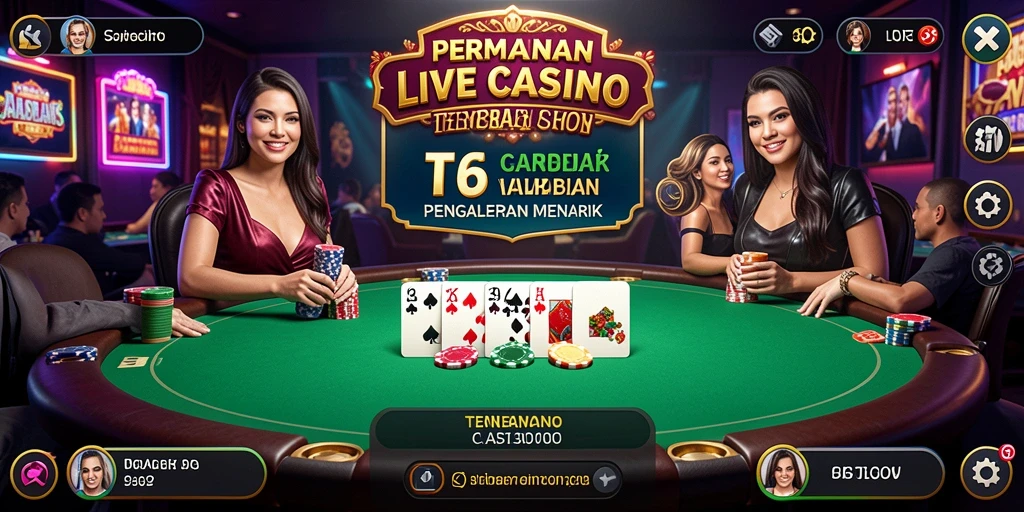 Gameplay T6 menampilkan dealer profesional dalam suasana kasino yang interaktif.